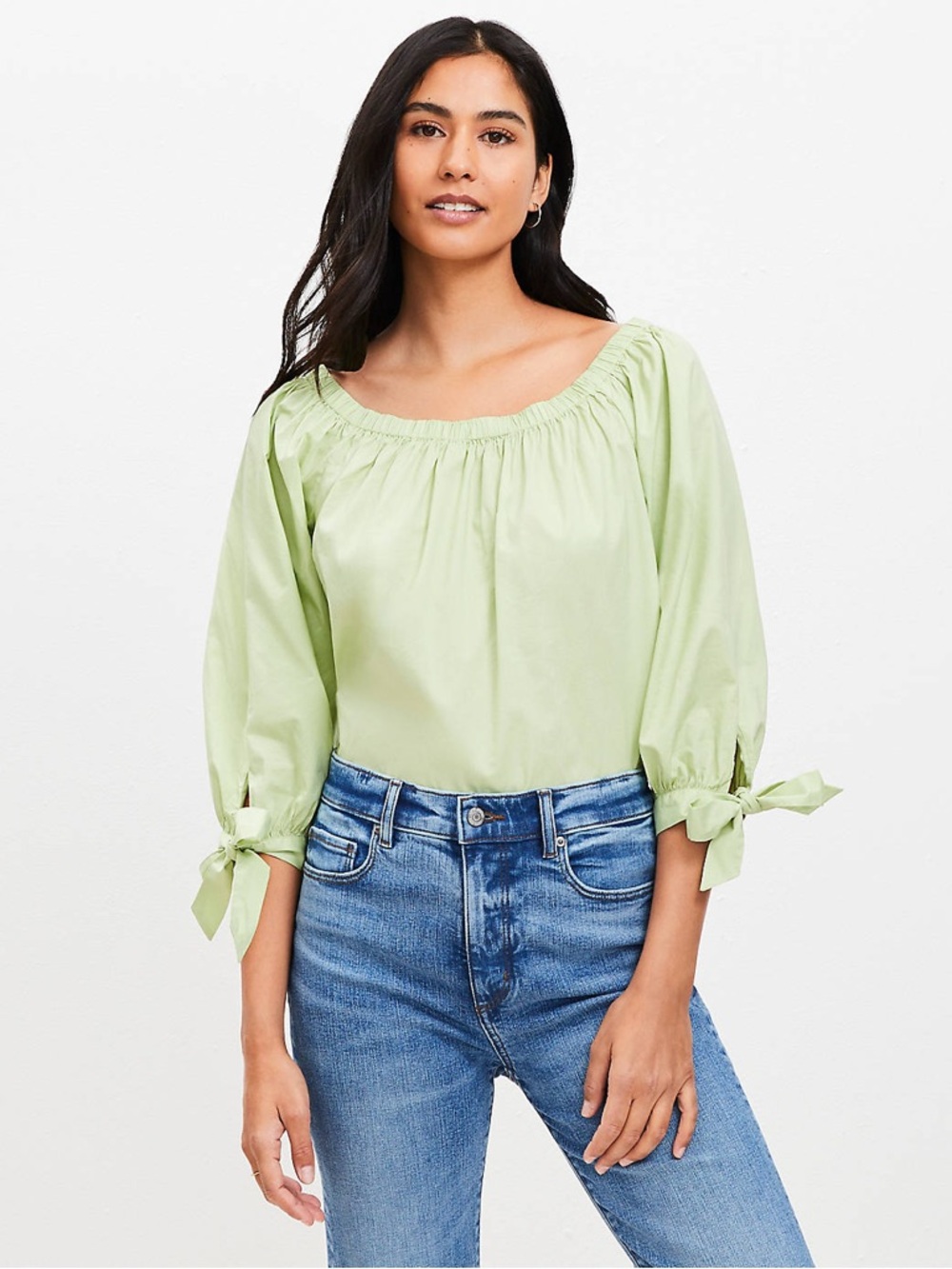 LOFT Light Green Peasant Blouse with Tie Cuffs